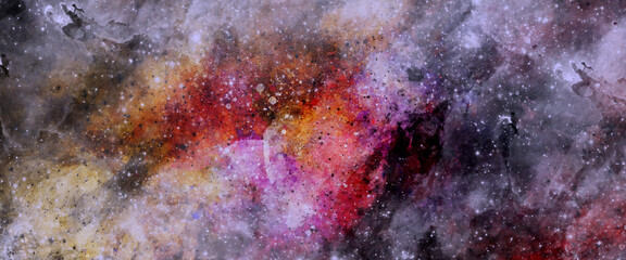 Colorful space background with stars, Blue watercolor galaxy texture, fantazy universe, Purple clouds, Paint splash, Colorful gradient ink colors wet effect hand drawn canvas background wallpaper.