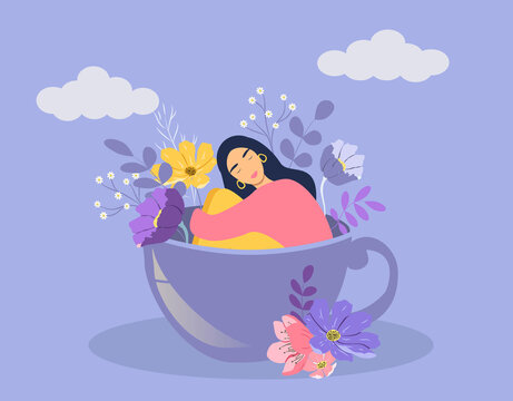 vector illustration on the theme of harmony, balance, pleasant emotions - girl sits in a tea cup, surrounded by flowers. mental health care concept. flat style illustration