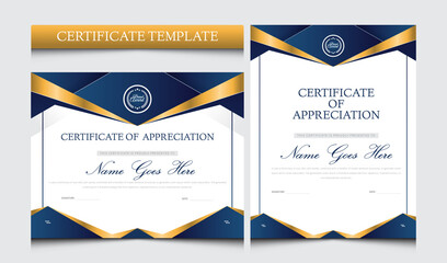 Certificate of appreciation design. Blue and gold certificate of appreciation border template with luxury shape. Diploma 
certificate vector template