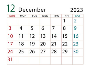 2023年カレンダー　12月