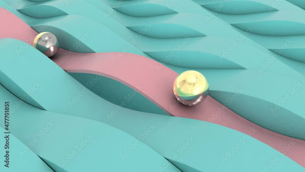 Poster loop 3d animation of an abstract background of many moving waves and a pink road with gold spheres m