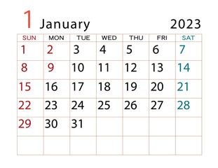 2023年カレンダー　1月