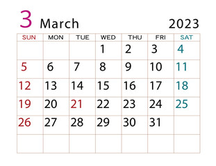 2023年カレンダー　3月