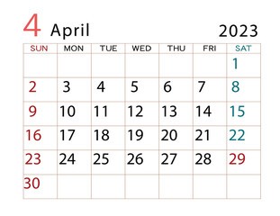 2023年カレンダー　４月
