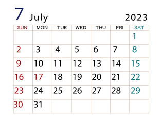 2023年カレンダー　7月