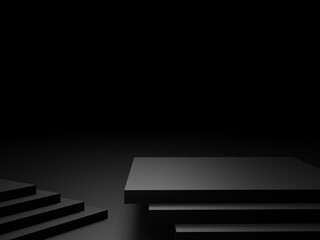 3D black geometric product podium. Dark room background.