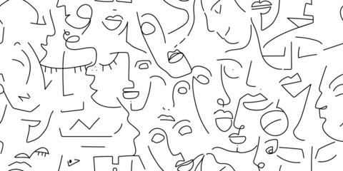 One line drawing Black white face seamless pattern - 477702401
