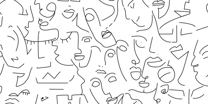 One line drawing Black white face seamless pattern