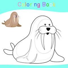 Coloring sea animals worksheet page. Educational printable coloring worksheet. Coloring game for preschool children. Black and white vector illustration. Motor skills education.