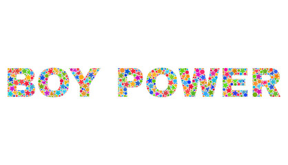 BOY POWER text with bright mosaic flat style. Colorful vector illustration of BOY POWER text with scattered star elements and small circle dots. Festive design for decoration titles.