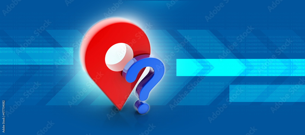 Poster 3d rendering red map pointer with question mark