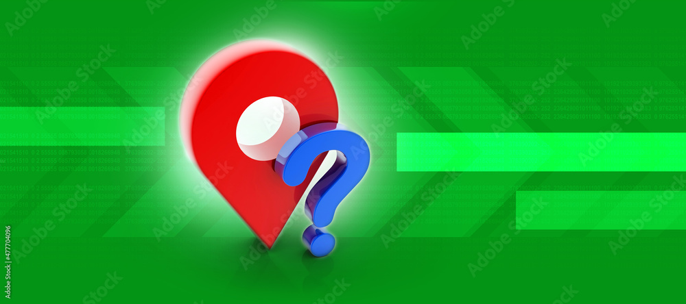 Poster 3d rendering red map pointer with question mark