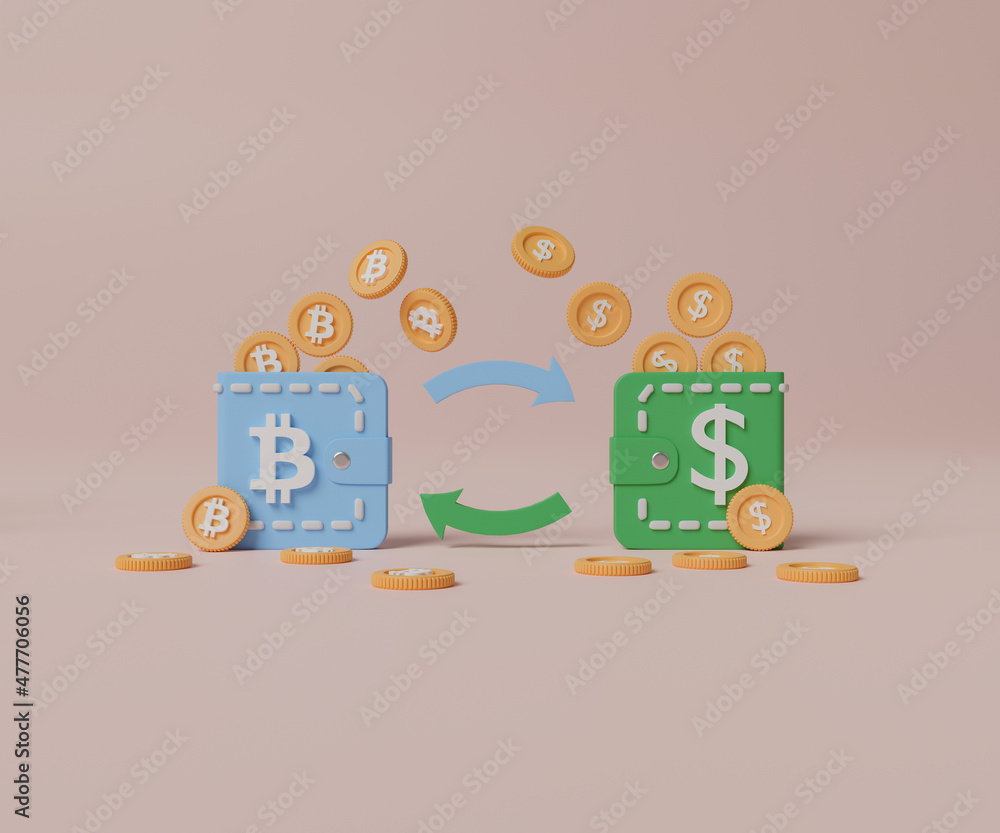 Poster 3d rendering concept cryptocurrency and dollar trading. two wallet filled with bitcoin and dollar co