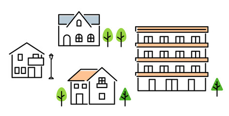 家や集合住宅のアイコンイラスト　マンション　一軒家