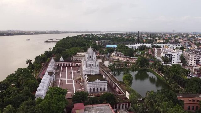 DAKSHINESHWAR KALI TEMPLE KOLKATA,INDIA -  Aerial view of the beautiful Dakshineswar temple complex with pilgrims coming from all over to offer prayers.