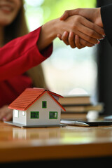 Real estate agency and customer shaking hands after successful deal a contract, real estate, home...
