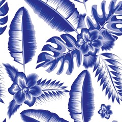 Print summer exotic jungle plants tropical monstera fern leaves and abstract jasmine flowers in blue monochromatic style seamless pattern. Nature wallpaper. Floral background. Exotic summer design