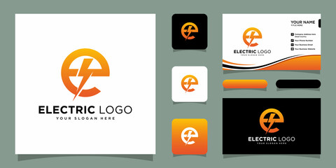 Initial e letter with lightning bolt logo vector design with business card design template