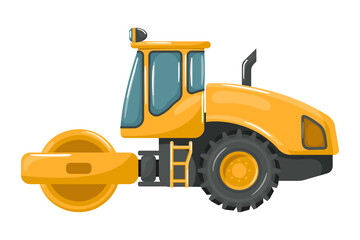 cartoon soil compactor roller, heavy machinery for construction and mining
