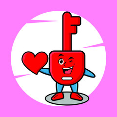 Cute cartoon mascot character padlock key mascot holding big red heart in modern style design for t-shirt, sticker, and logo element