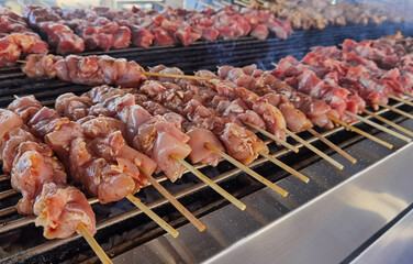 souvlaki many skewers are cooked  meat  street food in greece