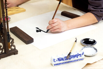 Traditional Chinese calligraphy Master writing character translation means Happiness. Asian art equipment and tools