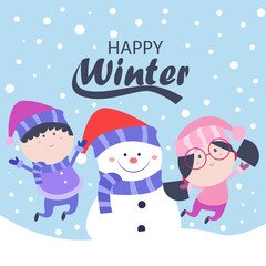 Winter illustration with cute boy, girl and snowman