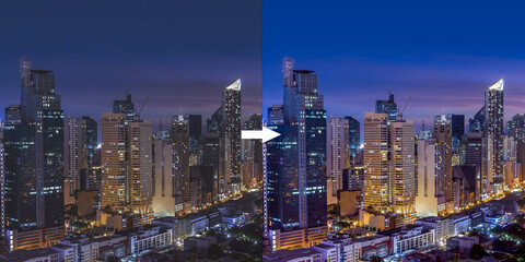 Example of Denoising Ai technology, a noisy and grainy photo of a city on the left, and an enhanced...