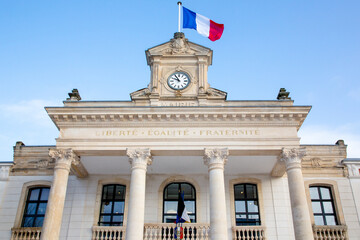 Fototapeta na wymiar Arcachon city French tricolor flag with mairie liberte egalite fraternite france text building mean town hall and freedom equality fraternity in france