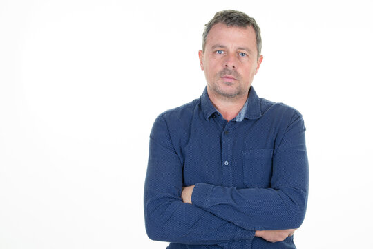 Handsome Middle Aged Man Folded Arms Crossed On White Background