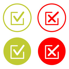 Check mark icons. Thin line. Symbols of approving and declining. Check tick in green color and reject symbol in red color. Vector