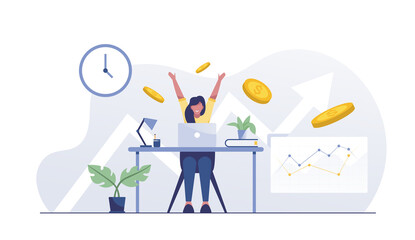 appy and successful woman trader or businesswoman on workplace.