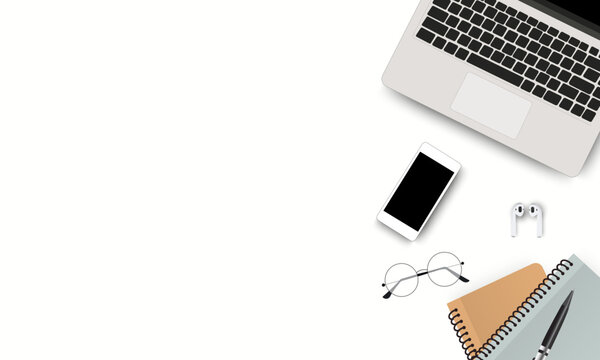 Minimal workspace creative flat lay design of Workspace desktop view office desk with laptop, smartphone, books, pen and earphones on white color Background. Vector EPS 10