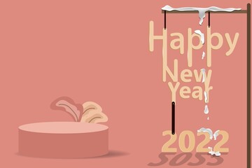 Happy new year 2022 in cake ice melting. abstract background pink color