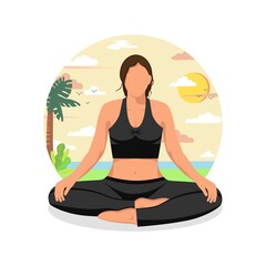 Woman in lotus pose doing yoga in nature. Vector character. Cartoon drawing. For web site design and templates.