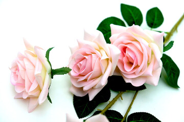 Fototapeta na wymiar Bouquet of artificial pink roses on white background