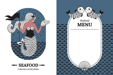 Collection of fish dishes, fish menu. Silhouette of a mermaid, sea fish, shells. Stylized design, graphic texture of the sea. Vector illustration.