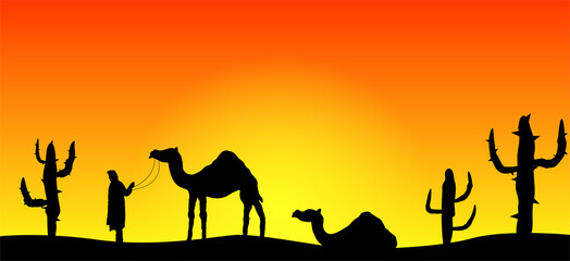 Naklejka na ściany i meble Desert Landscape Sunset with Bedouin and Camels
