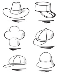 A set of hand drawn hats. Vector illustration.