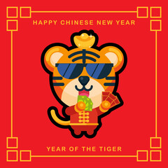 Cool chibi cartoon animal tiger mascot character celebrating chinese new year