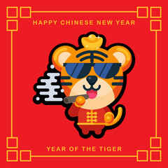 Cute tiger mascot character celebrating chinese new year while smoking