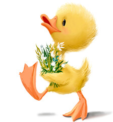 Cute duckling with floral bouquet - obrazy, fototapety, plakaty
