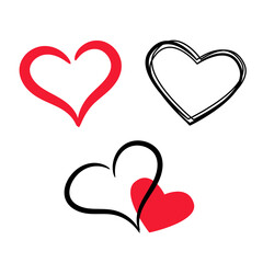 Hand drawn hearts for Valentine s day. Stroked heart and red couple design.
