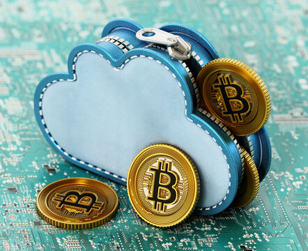Cloud shaped coin purse and crypto money standing on green PCB. 3D illustration