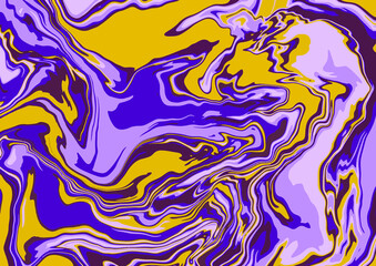 Fluid art texture. Abstract background with swirling paint effect.  Liquid acrylic picture that flows and splashes. Mixed paints for interior poster. Purple, pink and yellow iridescent colors.