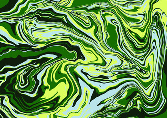 Fluid art texture. Abstract background with swirling paint effect.  Liquid acrylic picture that flows and splashes. Mixed paints for interior poster. Green and yellow iridescent colors. A4