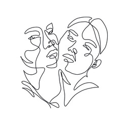 One line drawing two woman faces. Continuous line. Abstract hand drawn art. Simple black lines on white background. Design for tattoo, poster, t-shirt design. 