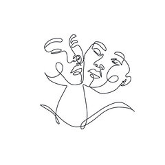 One line drawing two woman faces. Continuous line. Abstract hand drawn art. Simple black lines on white background. Design for tattoo, poster, t-shirt design. 