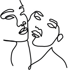 One line drawing two woman faces. Continuous line. Abstract hand drawn art. Simple black lines on white background. Design for tattoo, poster, t-shirt design.