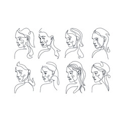 Set Of Linear Woman Portraits In One Line Continuous Style Drawing. Hand Drawn. Minimalism Faces. Beautiful Art. 